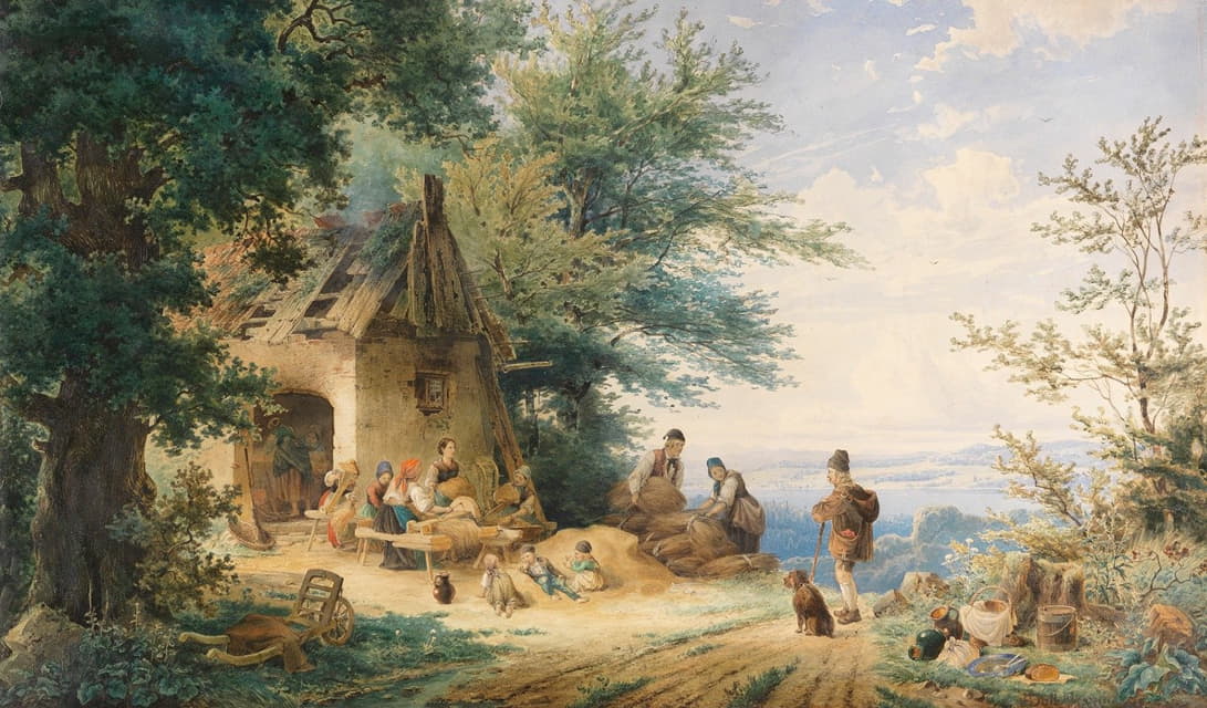 Anton Doll - Sommerliche Landschaft mit Bauern bei der Flachsverarbeitung