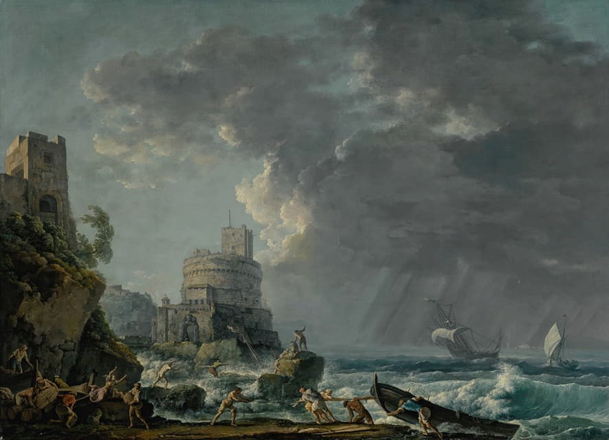 岩石海岸外的风暴，前景是一艘沉船，上方岩石海岸线上有一座堡垒
