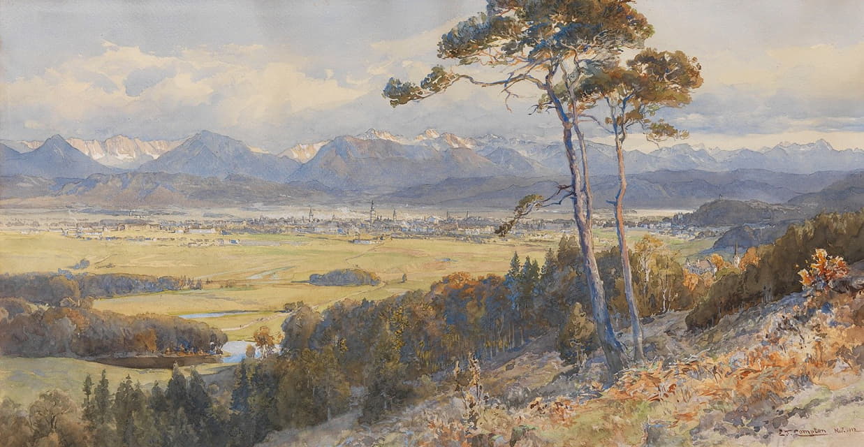 Edward Theodore Compton - Blick auf Klagenfurt vor den Bergzügen der Karawanken