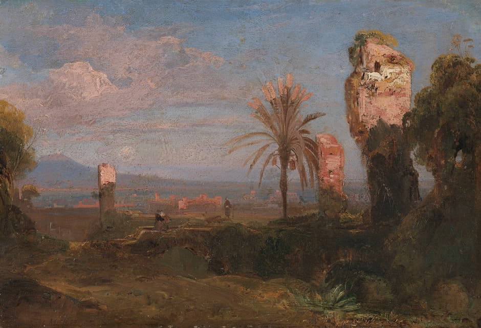 Friedrich August Elsasser - Südliche Landschaft mit Ruinen und Palmen