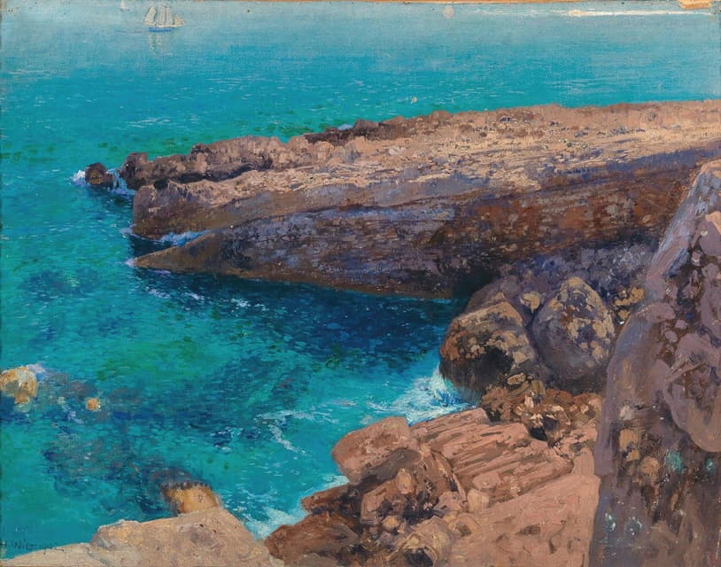 Hans Wilt - A rocky coast, in the background a sailing boat