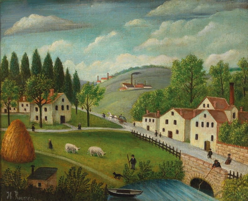 Henri Rousseau - Pastoral landscape with stream, fisherman and strollers