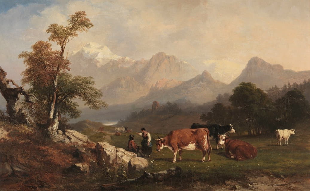 Jules Coignet - Alpine scene with cattle herders