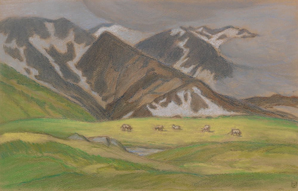 Ludwig von Hofmann - Schweizer Alpenlandschaft mit weidenden Kühen