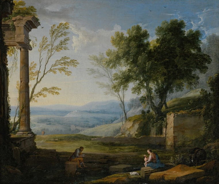 Pierre Patel the elder - Classical landscape with ancient ruins, figures in the foreground