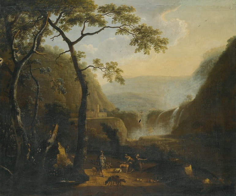 Barend Appelman - A Landscape With Hunters Near A Waterfall