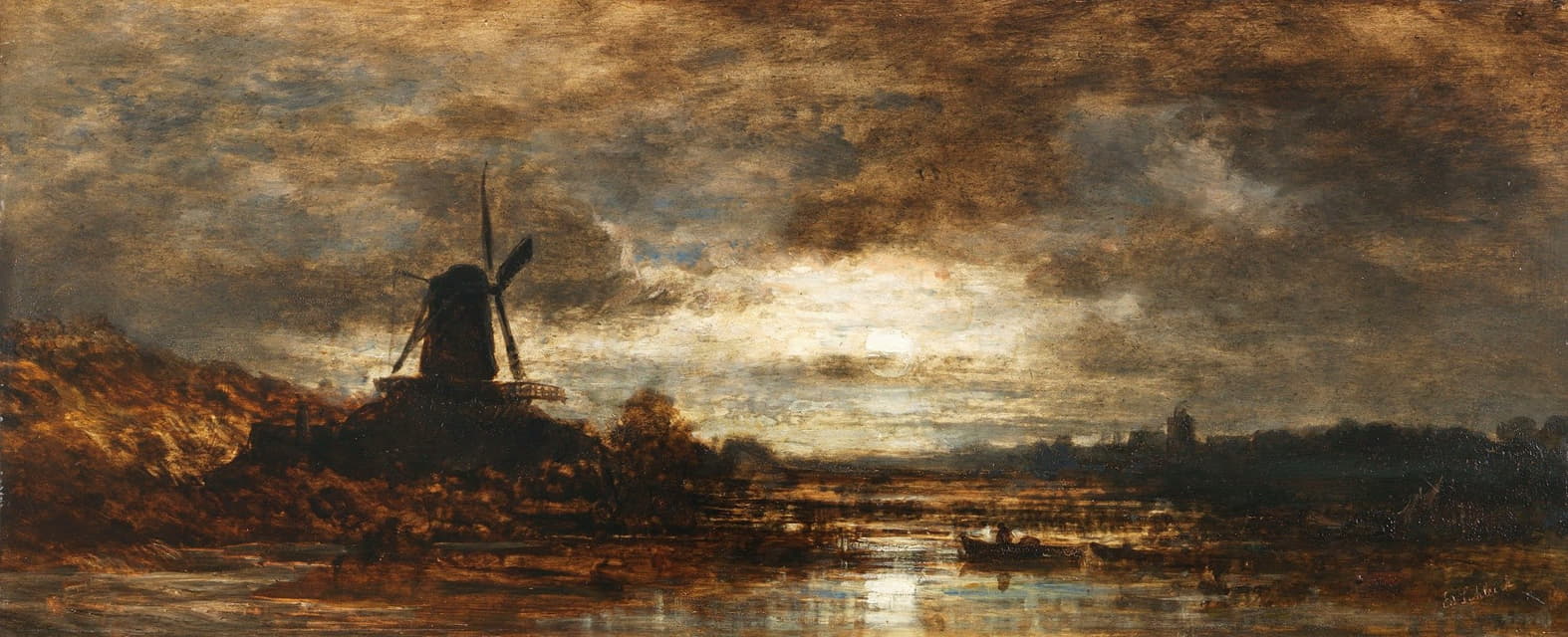 Eduard Schleich The Elder - Holländische Flusslandschaft mit Mühle bei Mondschein