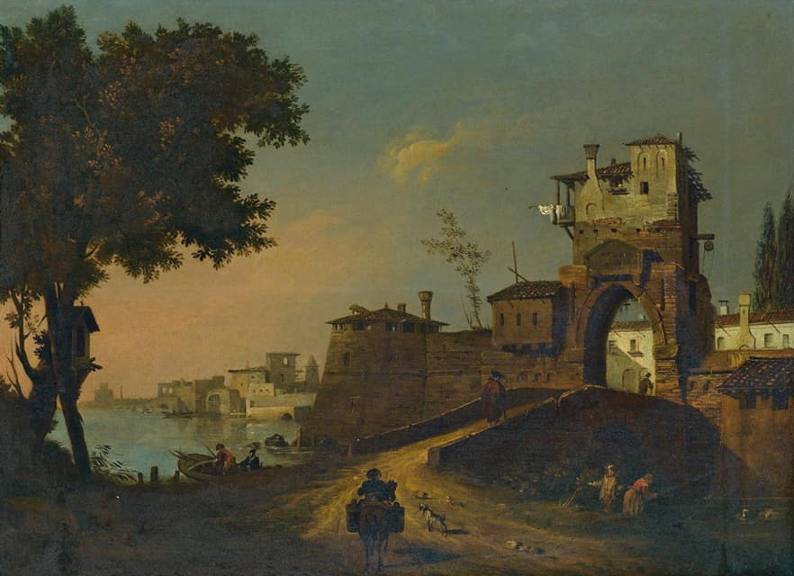 Giovanni Migliara - Italian Landscape With Figures Entering A Fortified Waterside Town