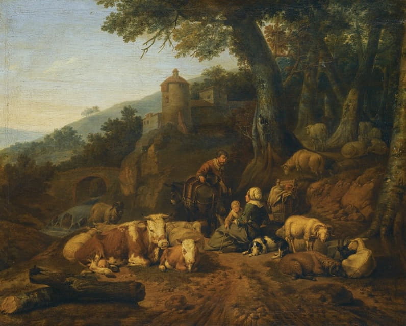 Johann Heinrich Roos - A Landscape With Drovers And Their Flock At Rest