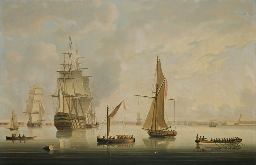 Thomas Buttersworth - A British Man-Of-War Being Towed Into Portsmouth Harbour By A Steam Tug