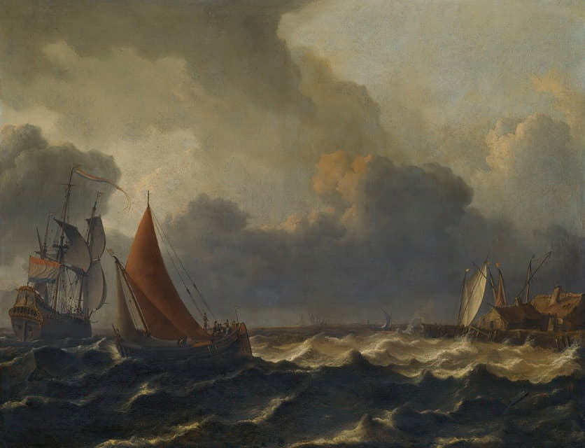 Aernout Smit - A Smalschip Closed Hauled In A Stiff Breeze With A Flagship Offshore To The Left And A Jetty To The Right