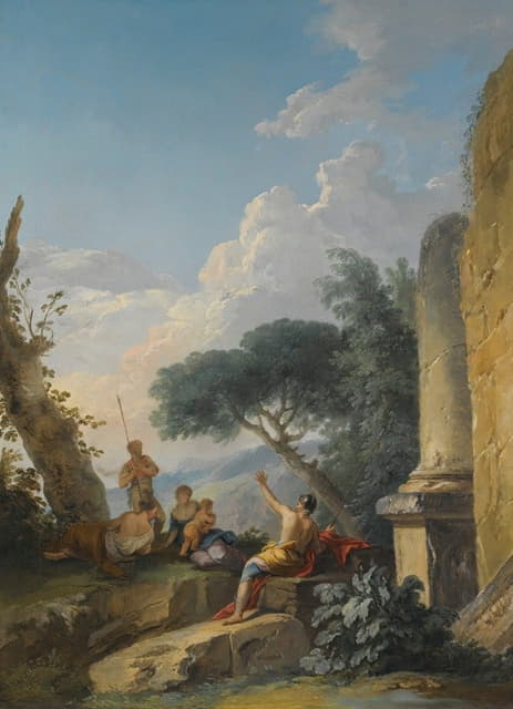 Andrea Locatelli - A Landscape With Figures Resting Beside Classical Ruins