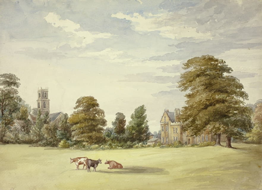 庄园和教堂前的奶牛