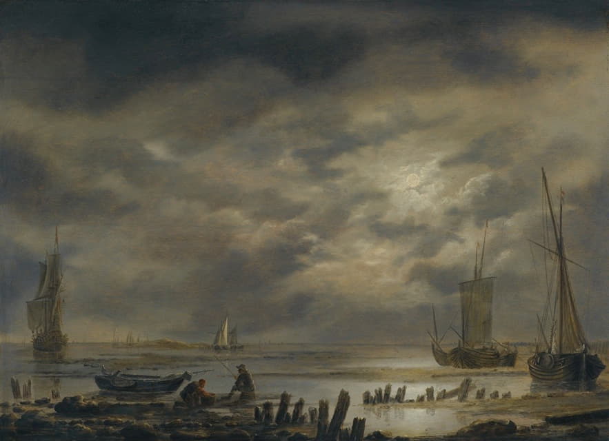 Hendrick Jacobsz. Dubbels - A Moonlit Coastal Landscape With Fishermen In The Foreground