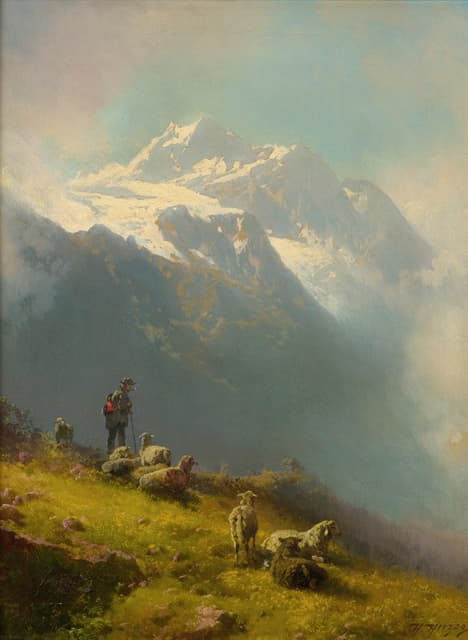 Hermann Ottomar Herzog - A  Shepherd With His Flock