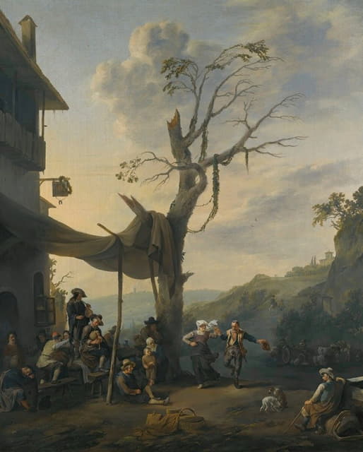 Johannes Lingelbach - Peasants Dancing The Tarantella Outside An Inn In A Hilly Italianate Landscape