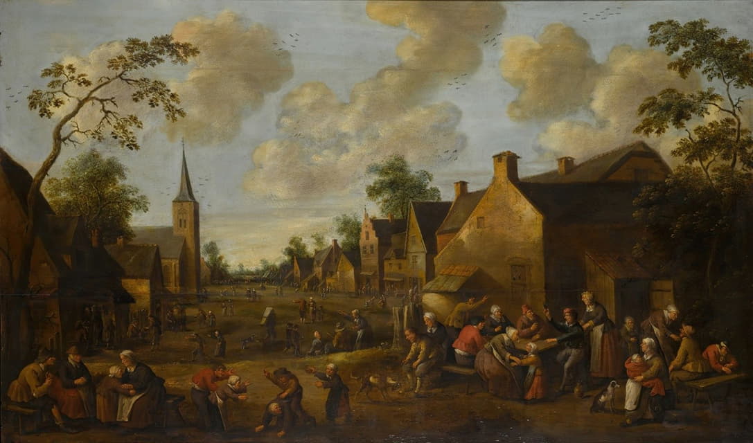一个乡村街道的场景，孩子们在前景中玩耍，人物在喝酒