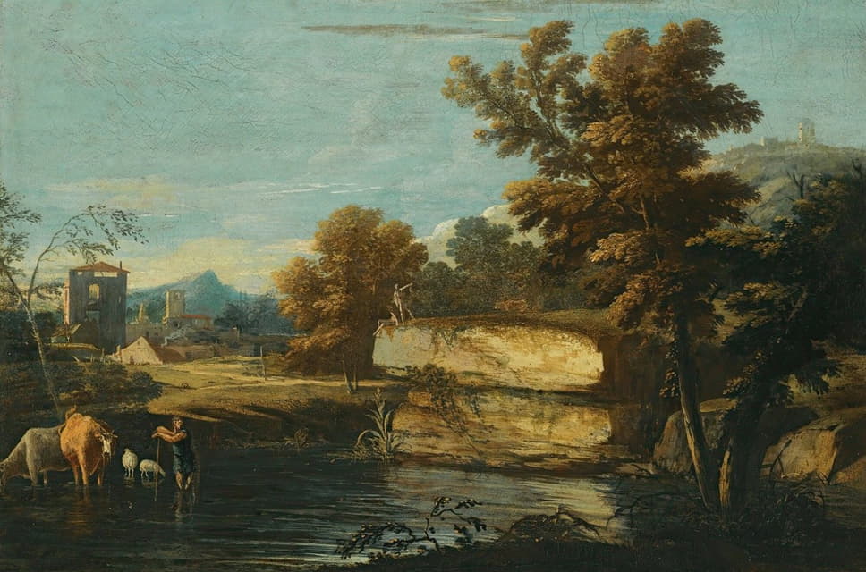 远处的一个城镇，一个牧民和他的动物在湖边休息的湖泊景观