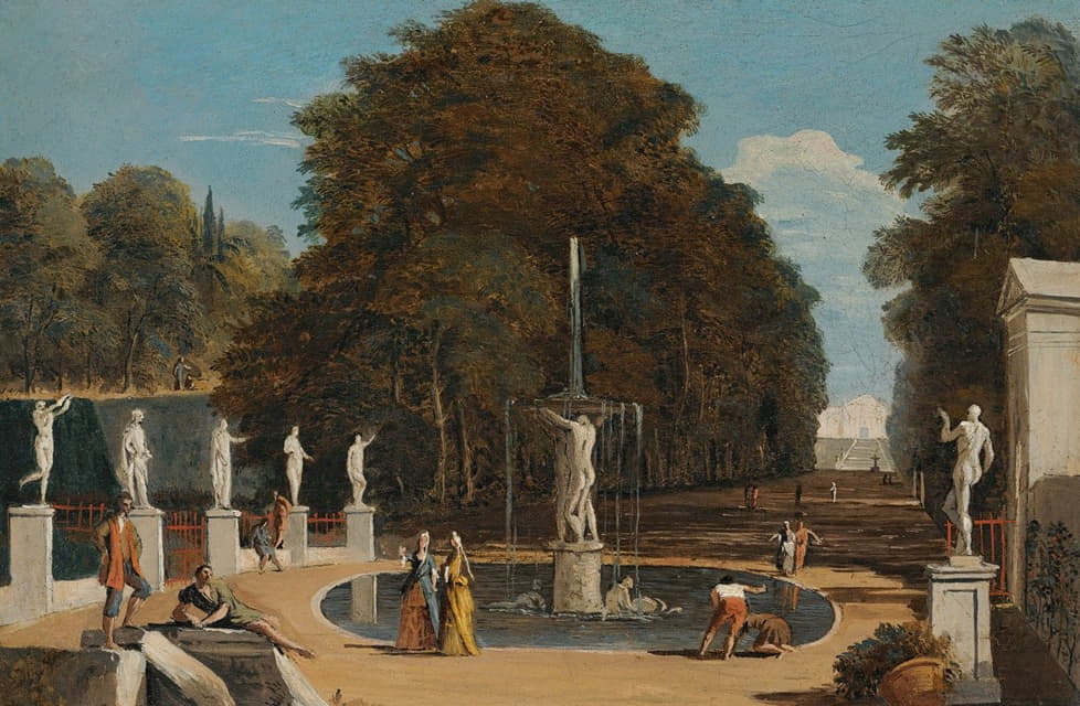 Marco Ricci - A Landscape With Figures Conversing In A Park Beside A Fountain
