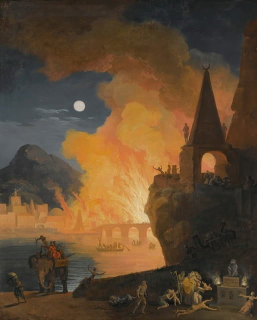 Pierre-Jacques Volaire - A Nocturnal Landscape With Figures Fleeing The Fire Of Alexandria