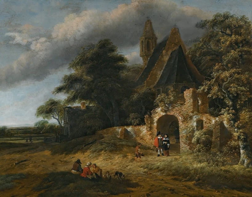 Salomon Rombouts - A Landscape With Figures Outside The Walls Of A Ruined Church