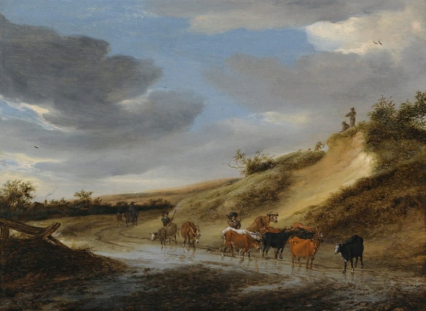 Salomon van Ruysdael - An Extensive Landscape With Cattle And Their Herdsmen Following A Partly Flooded Country Road