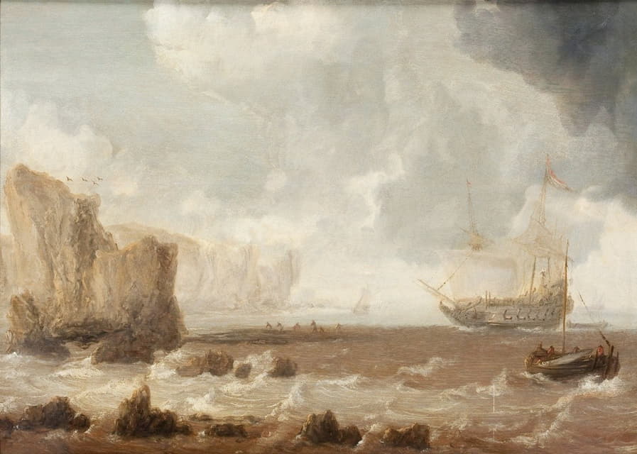 一艘荷兰战舰和帆船在岩石海岸附近波涛汹涌的海上航行