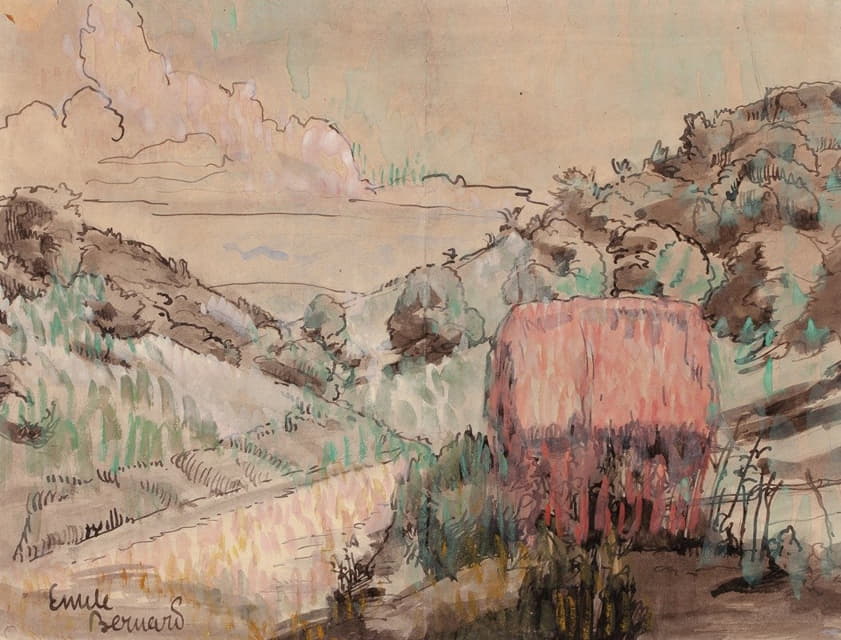 Emile Bernard - Red Cabin on a Hillside