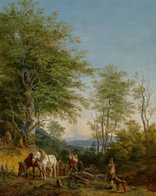 一位意大利人与一位樵夫和他的马队以及一位带着他的狗的过路人一起欣赏森林景观