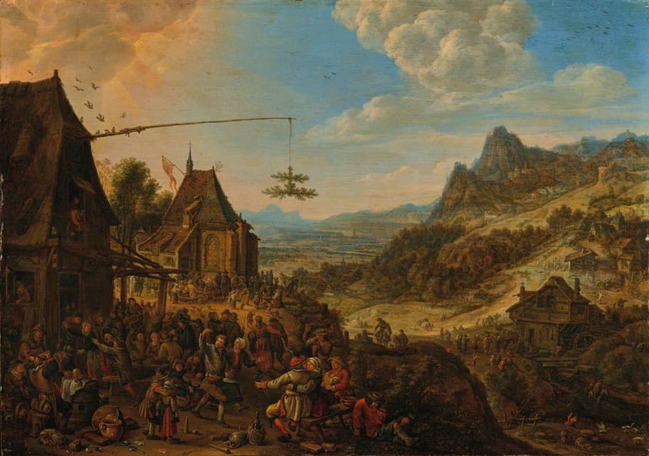 Herman Saftleven - A Rhenish landscape with a village festival