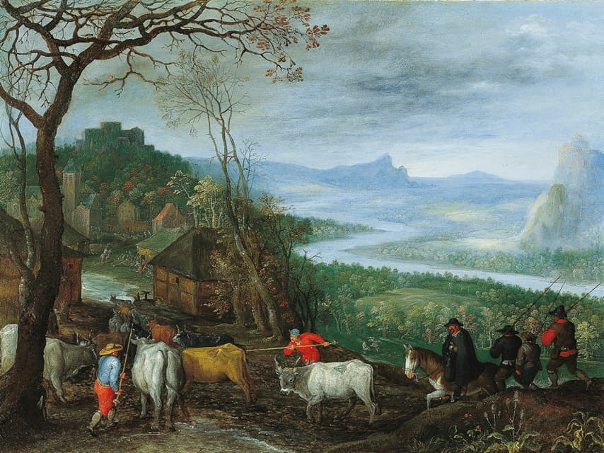 牧民把牛赶到村庄的风景