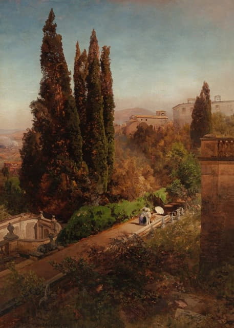 Oswald Achenbach - View from high in the gardens of Villa Torlonia, Frascati, Rome