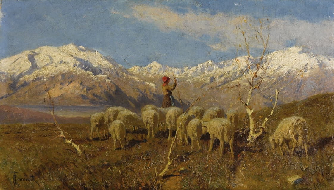 在阿尔卑斯山吃草的牧民和羊群