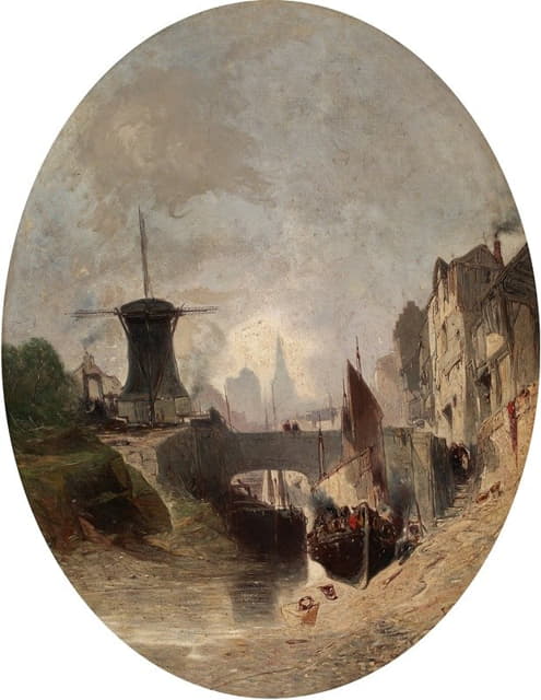 Eugène Deshayes - Romantic Landscape with Windmill
