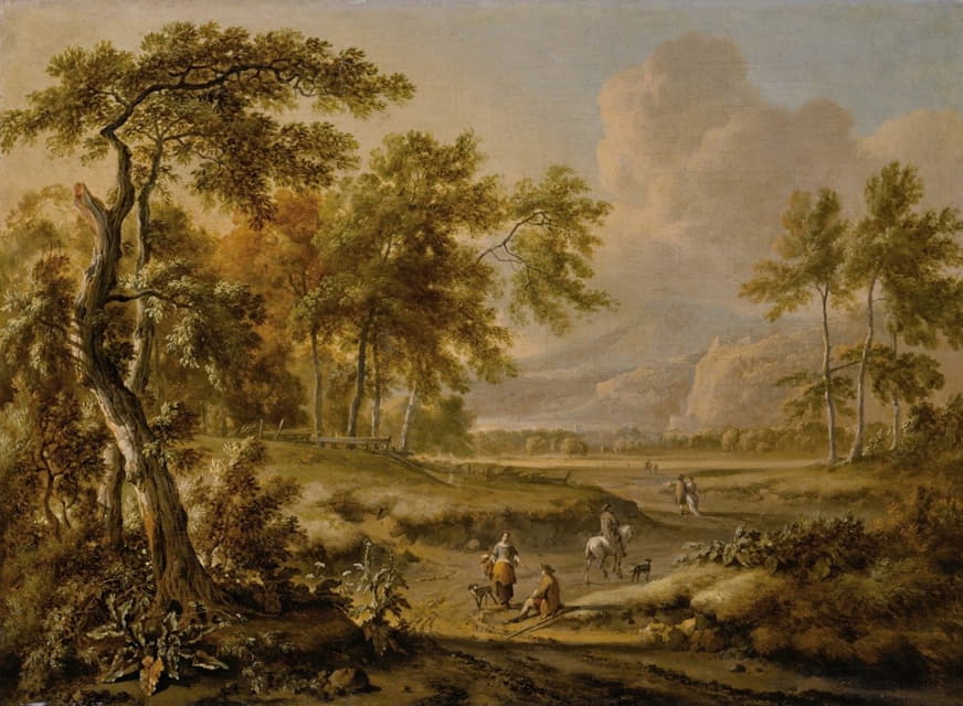 Jan Wijnants - An extensive landscape with figures on a path in the foreground