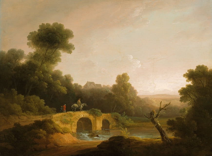 John Rathbone - Landscape with Figures Crossing a Bridge