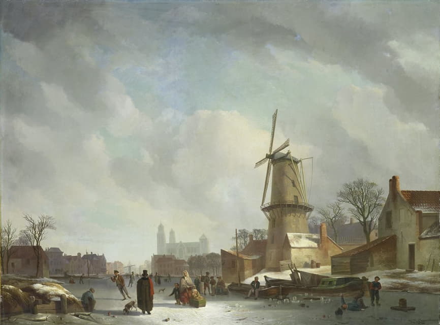 Abraham Johannes Couwenberg - Frolicking on a Frozen Canal in a Town