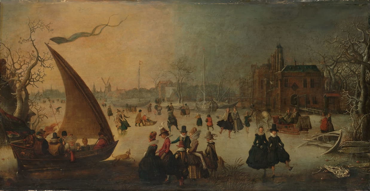 Adam van Breen - Landscape with frozen Canal, Skaters and an Ice-Boat