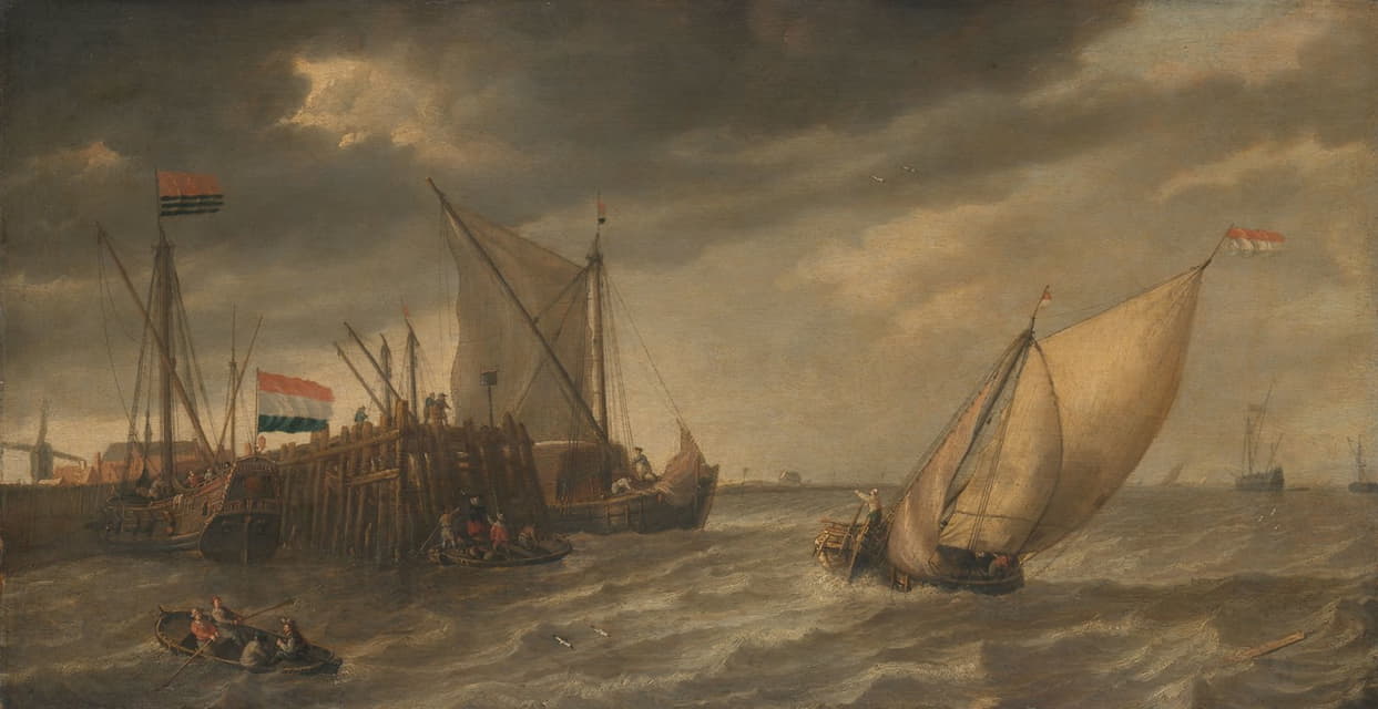 在强风中在斯凯尔特河上的码头下船的旅客