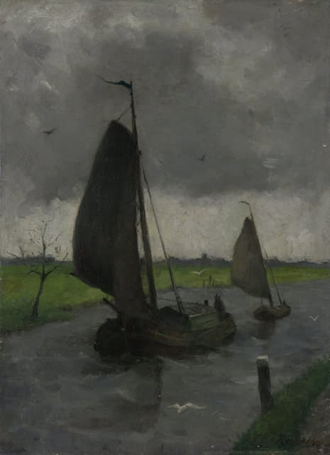 Eduard Karsen - Watercourse with Sail Barges