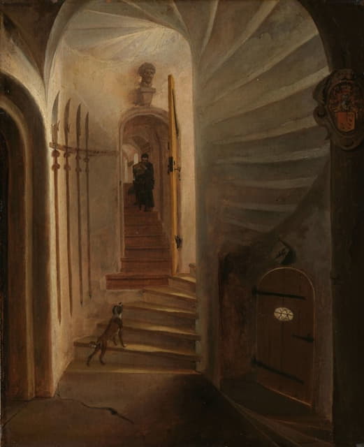 楼梯塔的入口，一名男子从楼梯上下来；大概是在代尔夫特的普丁森霍夫谋杀沉默的威廉前一刻