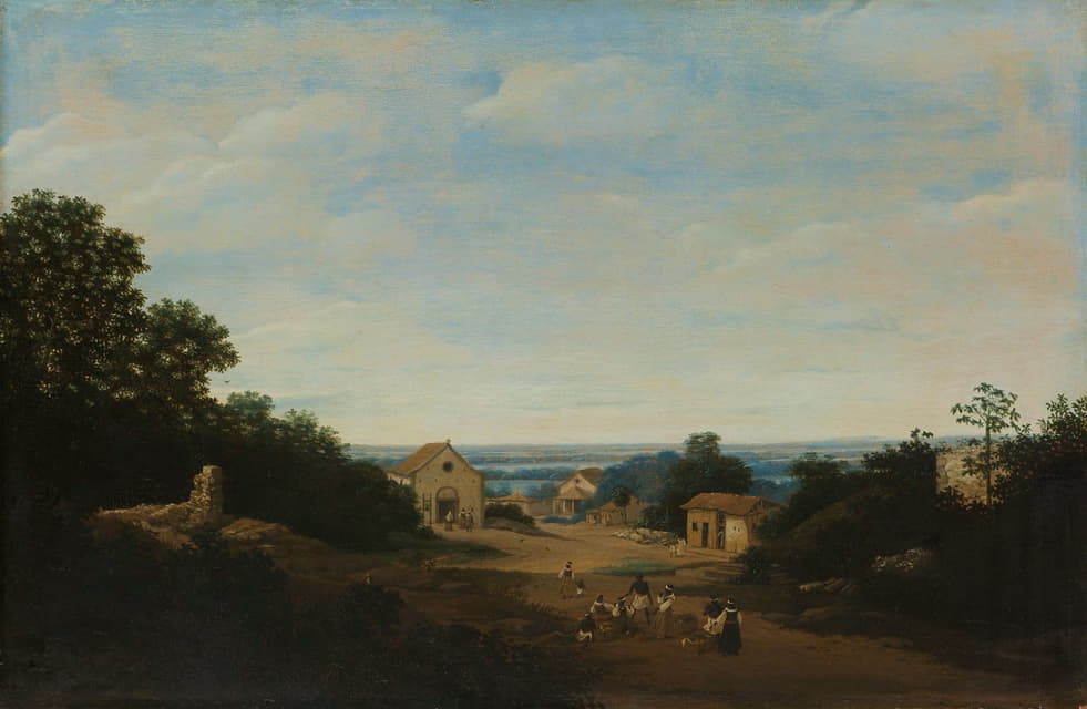 Frans Post - Brazilian landscape with the village of Igaraçú. To the left the church of Sts Cosmas and Damian