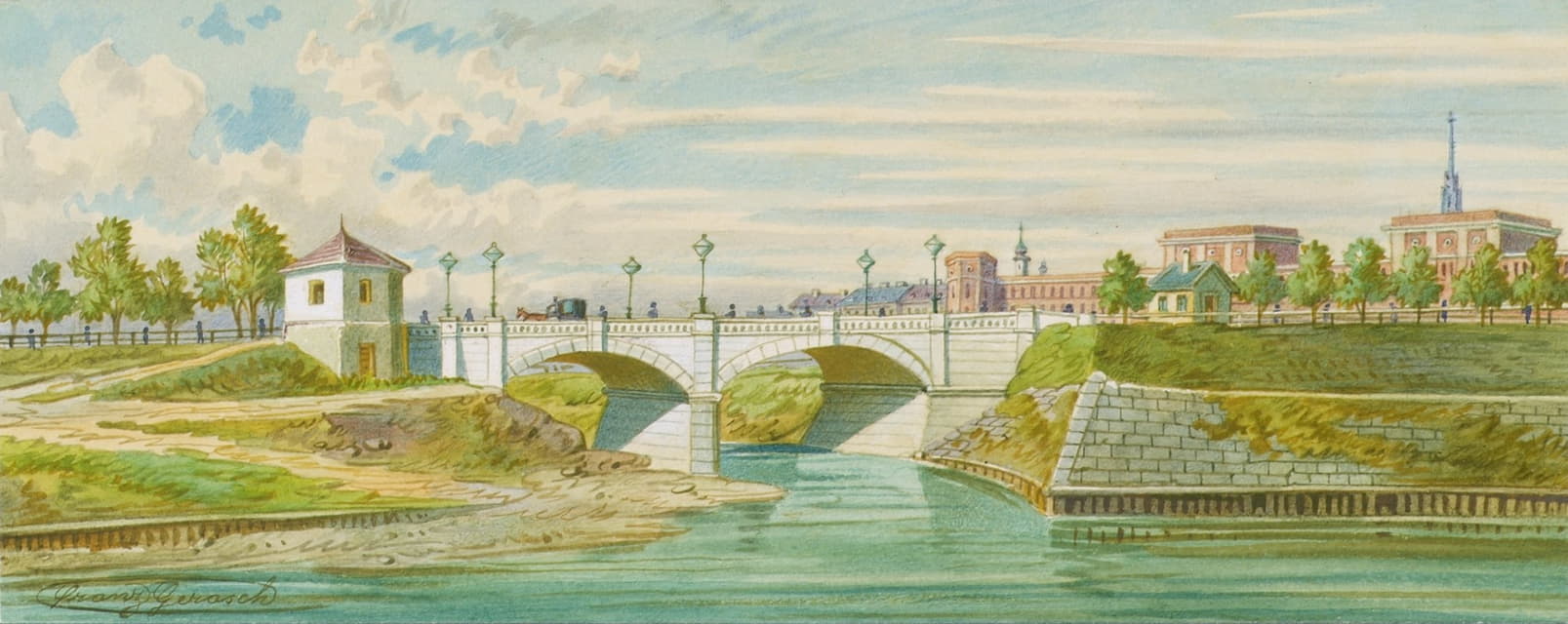 Franz Gerasch - Die Radetzkybrücke über den Wienfluss mit seiner Ausmündung in die Donau