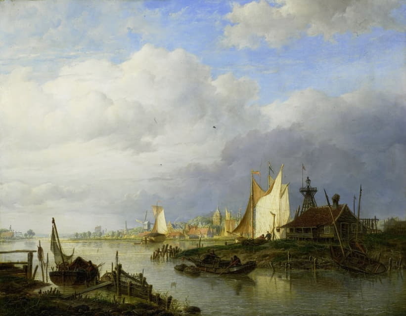 Hendrik Vettewinkel - Boats on a River with a Beacon of Light