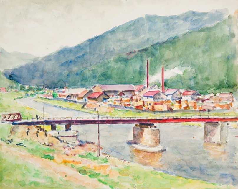 Ivan Ivanec - Krajobraz z widokiem na most na górskiej rzece