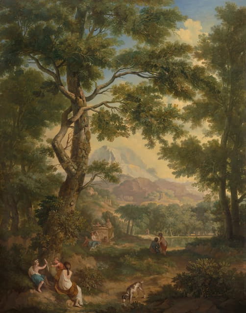 阿卡迪亚风景画，左撇子小孩带着一只鸟和一只狗