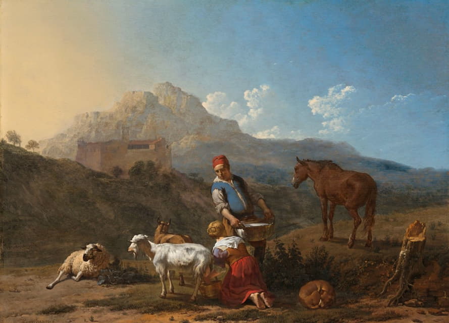 意大利风景画，女孩在挤山羊奶
