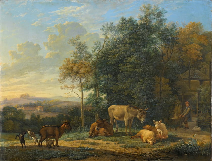 Karel Dujardin - Landscape with Two Donkeys, Goats and Pigs