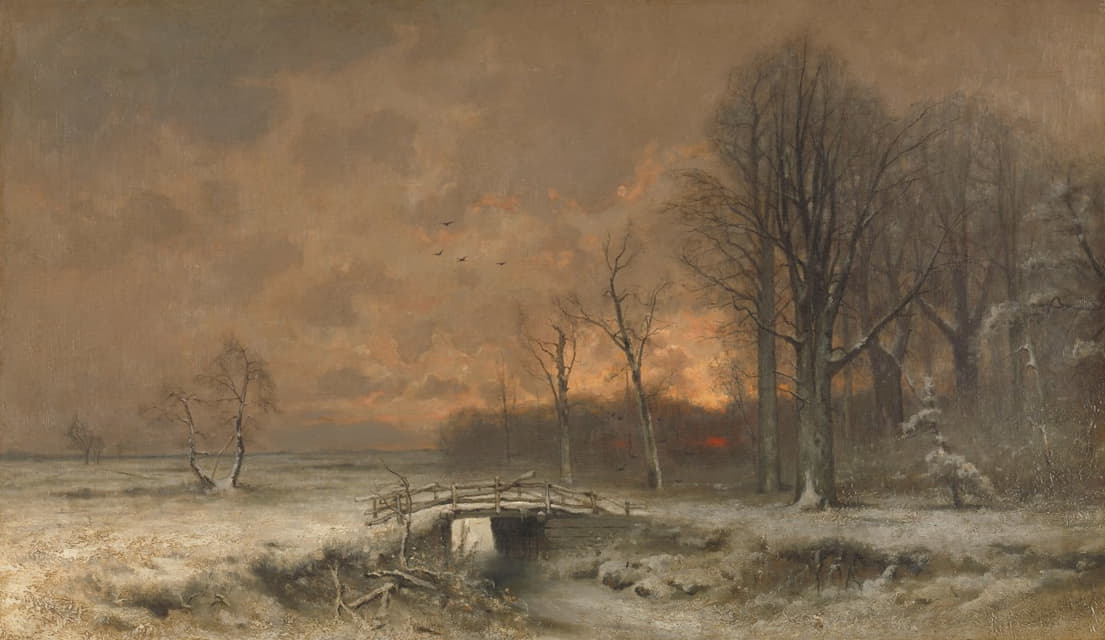 Louis Apol - Winter Scene with the Sun Setting Behind Trees