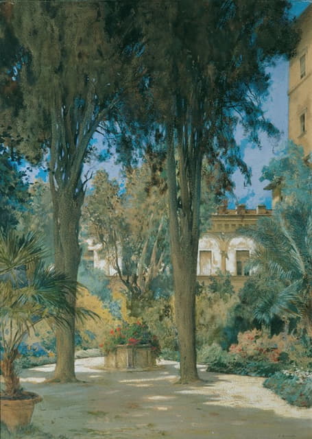 Othmar Brioschi - Vedute der Botschaft in Rom; Gartenpartie mit zwei Zypressen